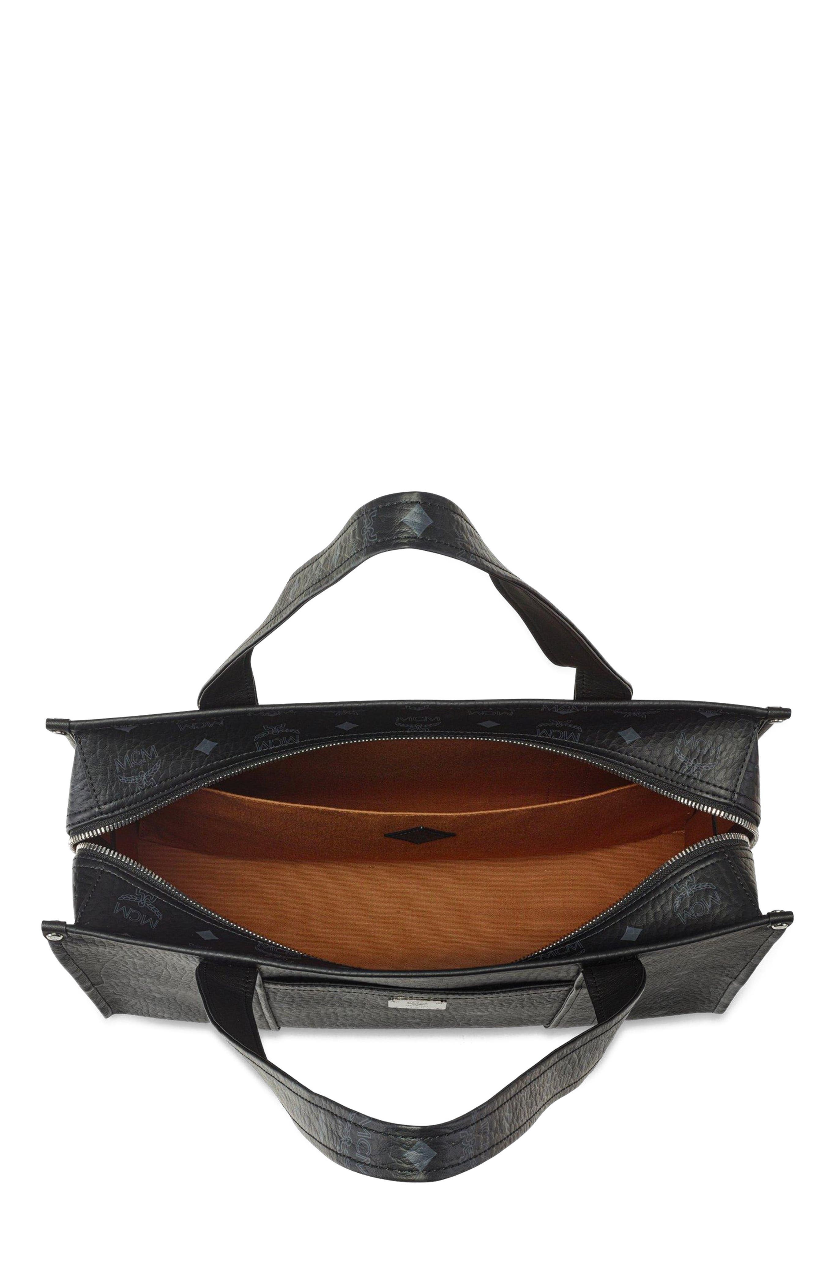 MCM Small Aren School Bag Tote in Visetos, Alternate, color, Black