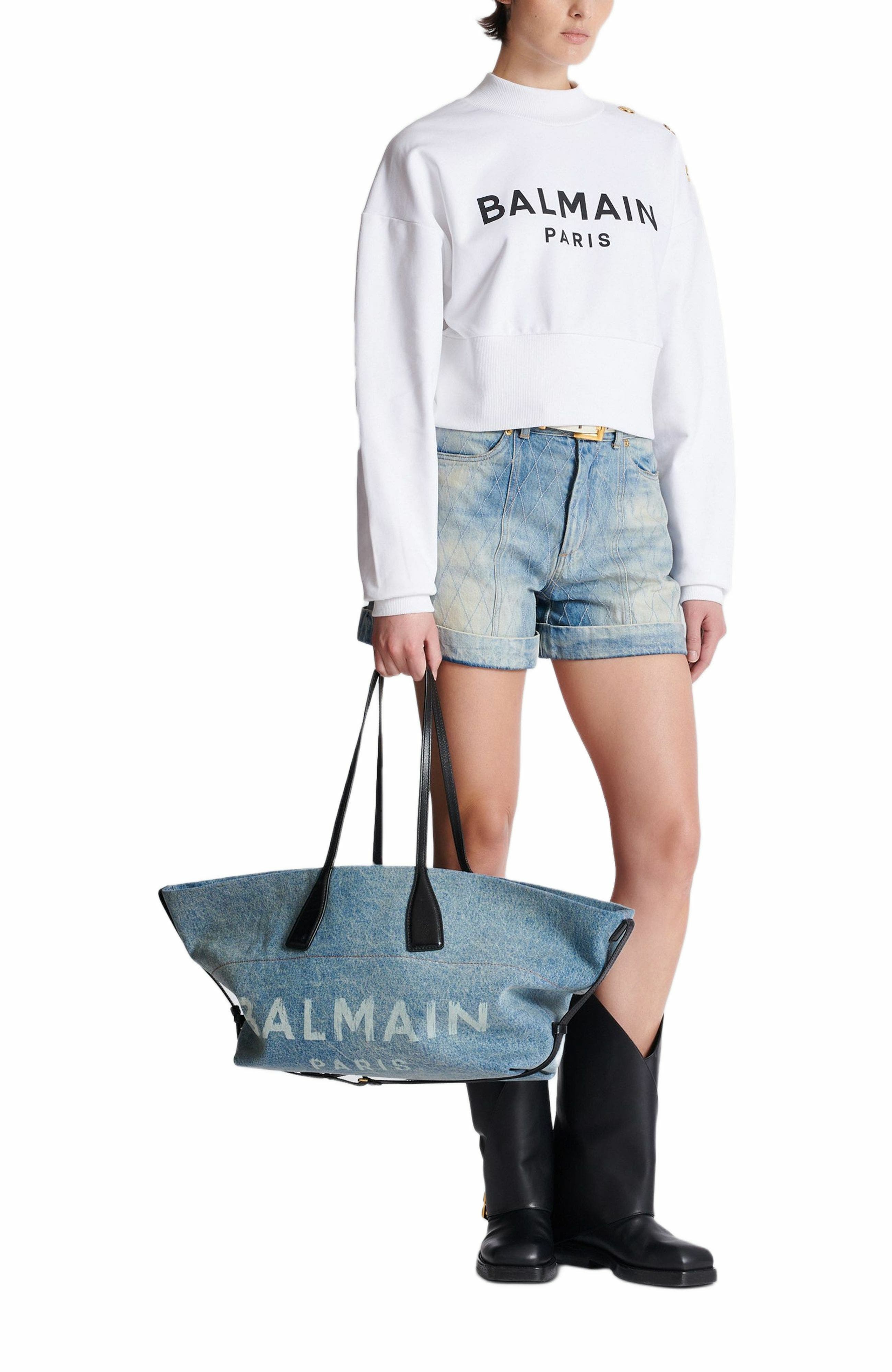 Balmain Track Denim Tote Bag, Alternate, color, Blue