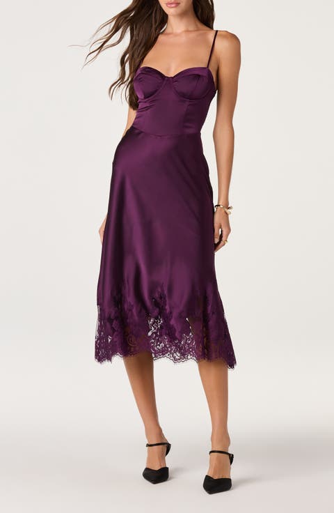 Abrianna Lace Trim Satin Midi Dress
