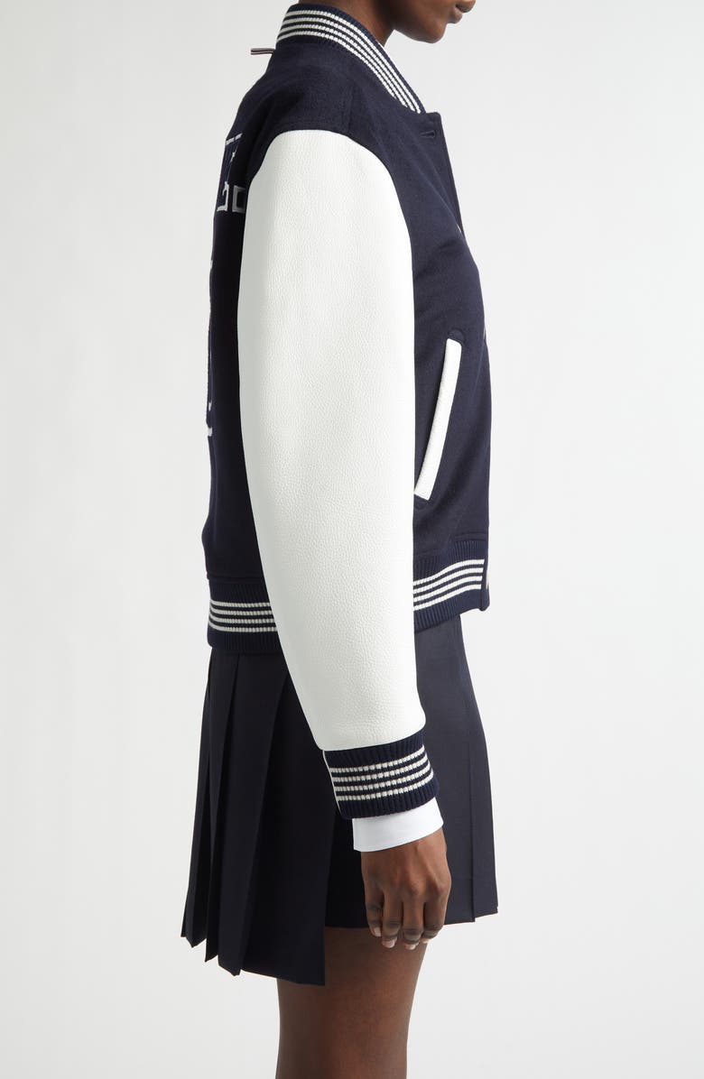Thom Browne 4-Bar Wool & Leather Varsity Jacket, Alternate, color, Navy