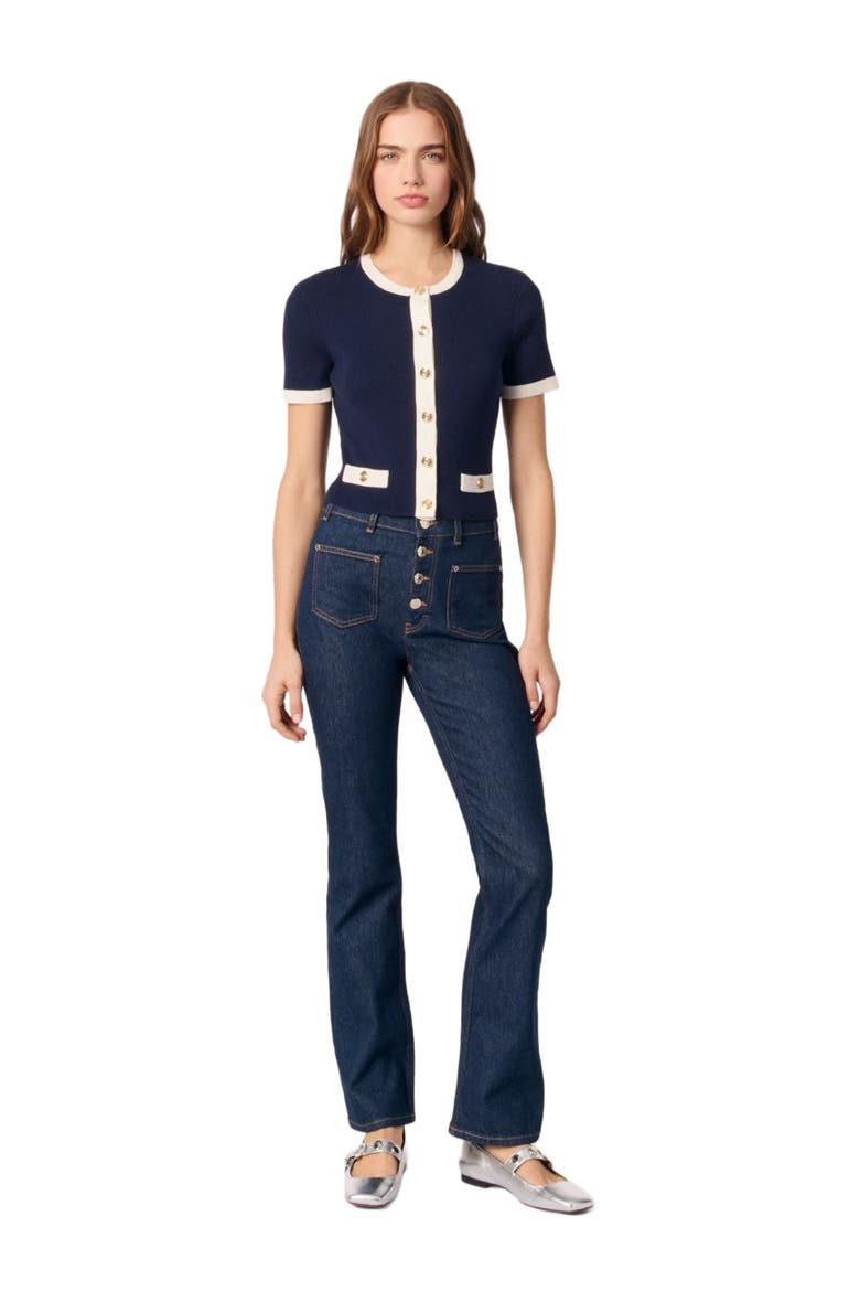 Cropped short sleeve cardigan, Alternate, color, Navy / ecru