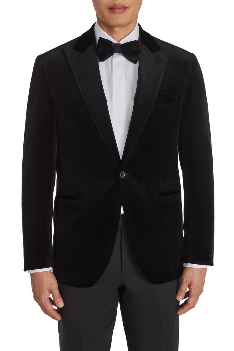 Erie Black Peak Lapel Stretch Velveteen Dinner Jacket, Main, color, BLACK