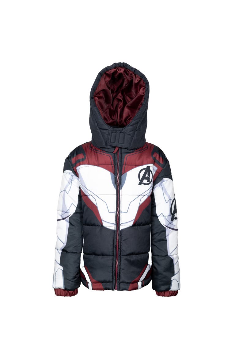 Avengers Hooded Zip-Up Puffer Jacket, Main, color, Dark Grey White Red