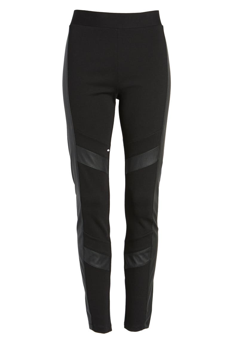 Faux Leather Chevron Panel Ponte Leggings, Alternate, color, RICH BLACK