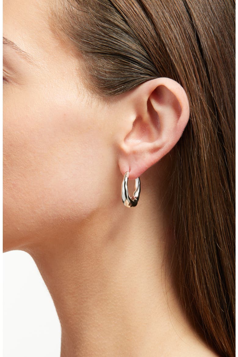 Hammered Puffy Small Huggie Hoop Earrings, Alternate, color, WARM SILVER