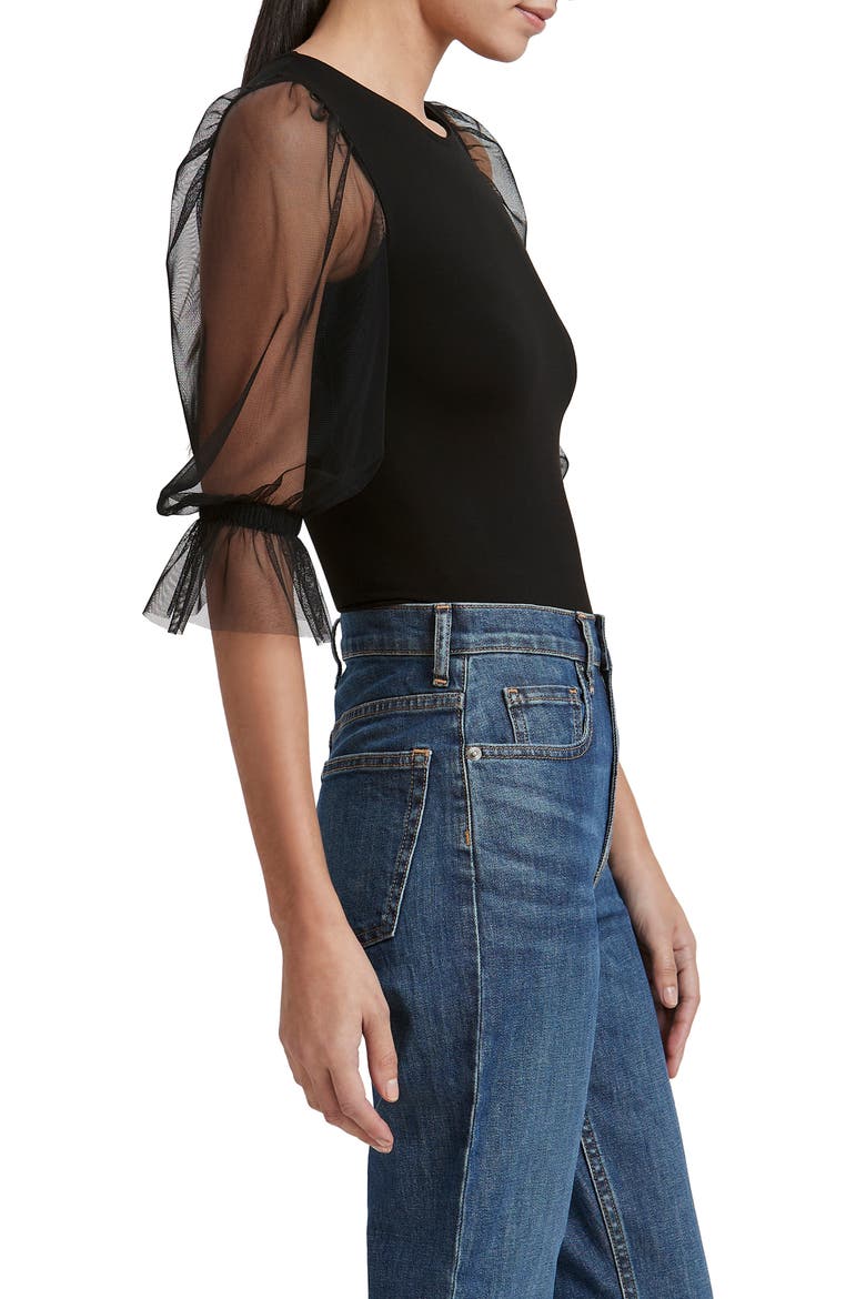 Bellerose Mixed Media Mesh Sleeve Bodysuit, Alternate, color, BLACK