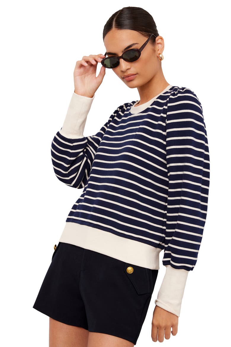 Striped Contrast Bishop Sleeve Cotton Top, Alternate, color, NAVY W/ OFF WHITE