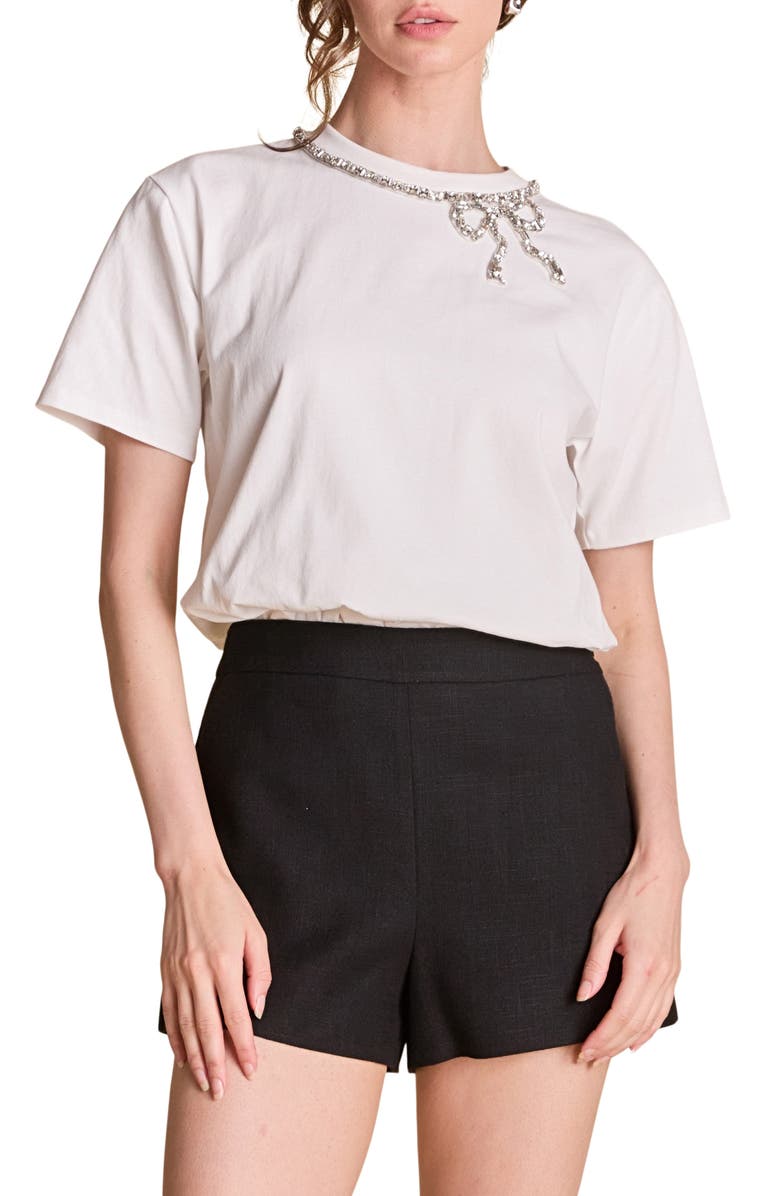 English Factory Rhinestone Bow Cotton T-Shirt, Main, color, White