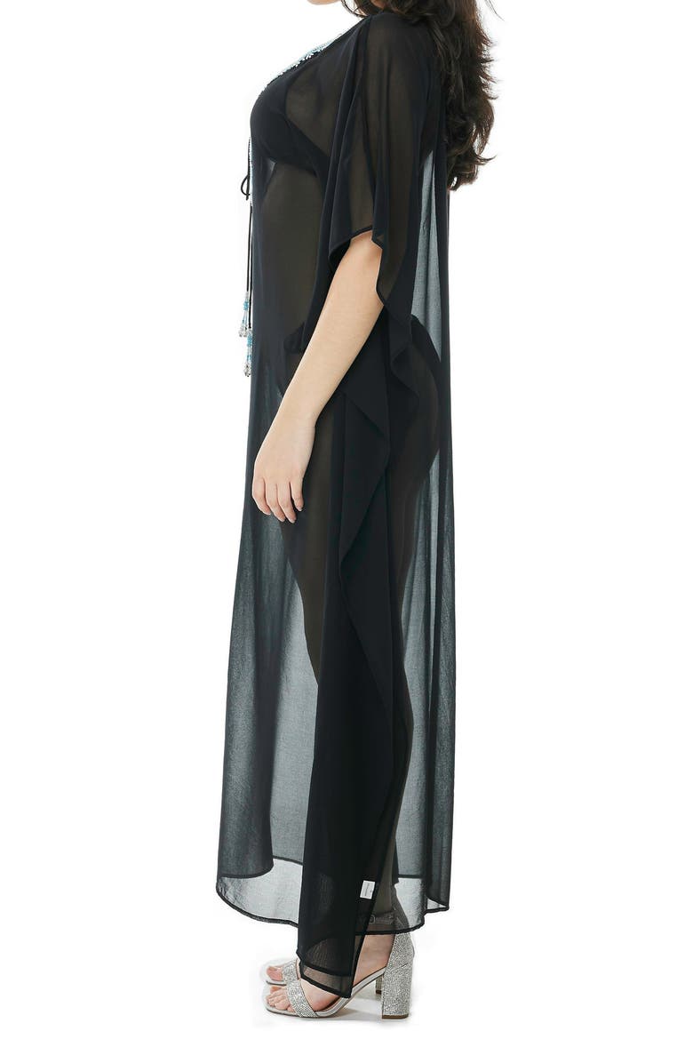 RANEES Beaded Mesh Woven Kaftan Coverup, Alternate, color, Black