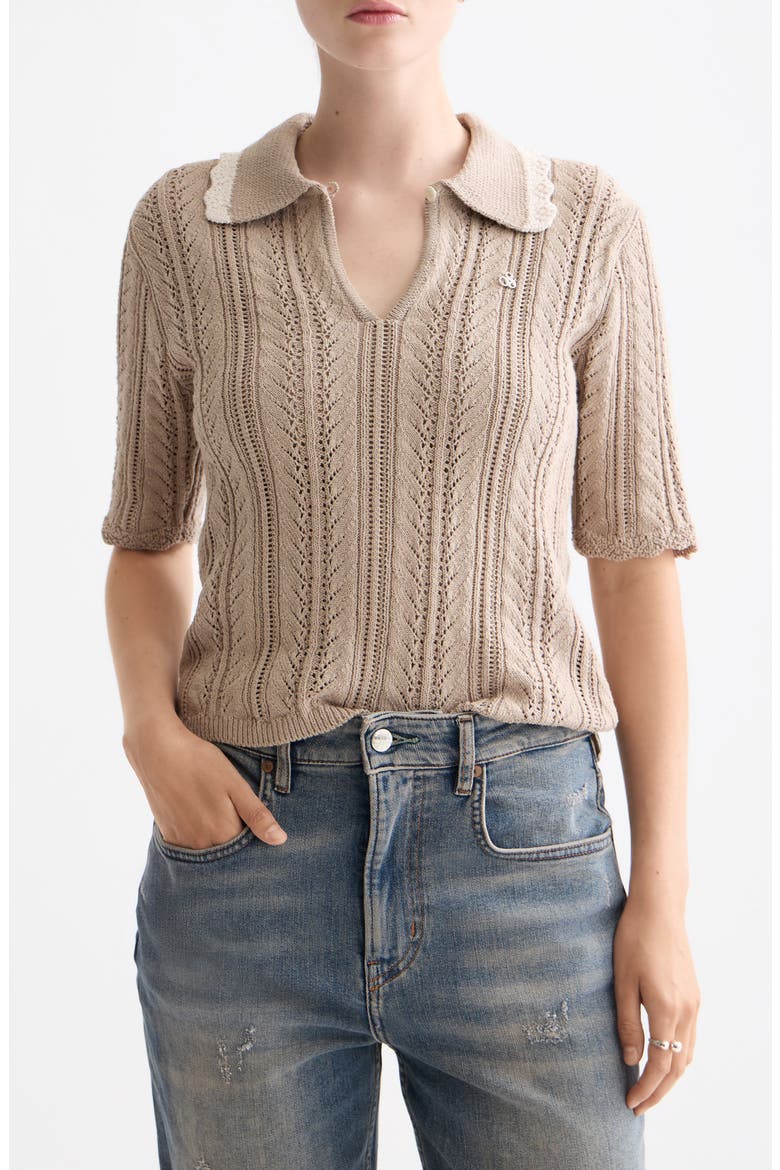 Collar Pointelle Short Sleeve Sweater, Main, color, PLAZA TAUPE