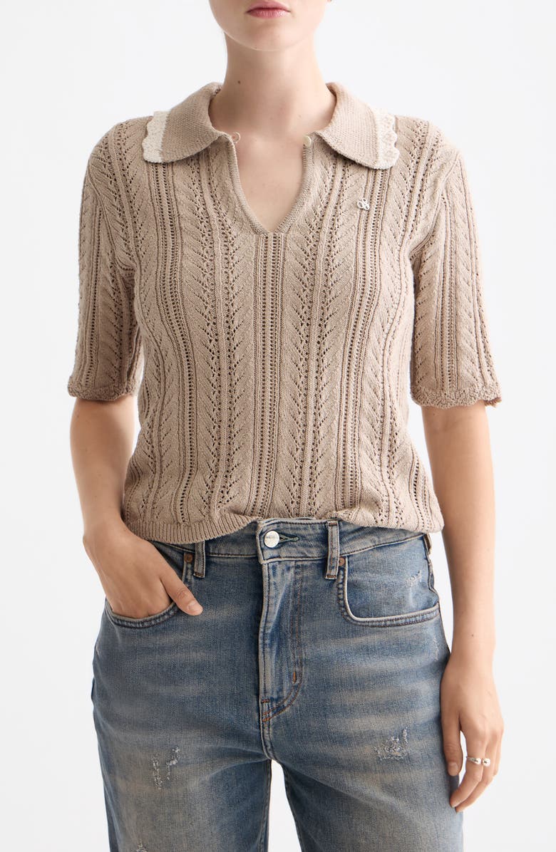 Scotch & Soda Collar Pointelle Short Sleeve Sweater, Main, color, Plaza Taupe
