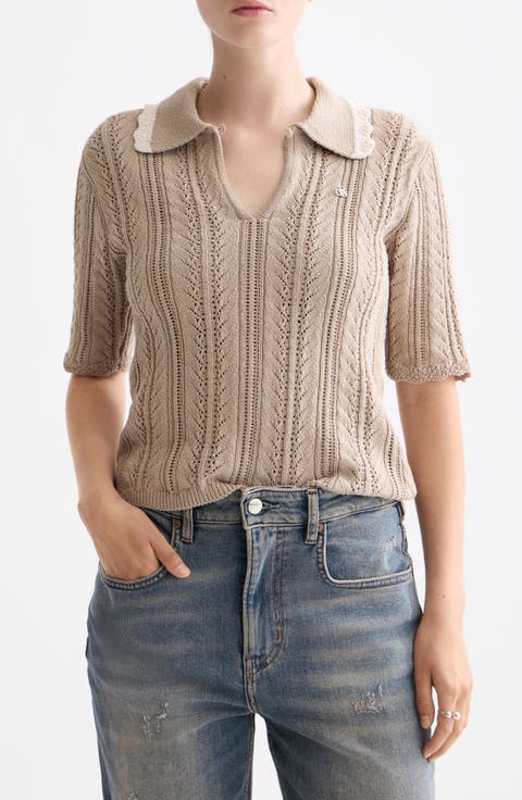 Collar Pointelle Short Sleeve Sweater