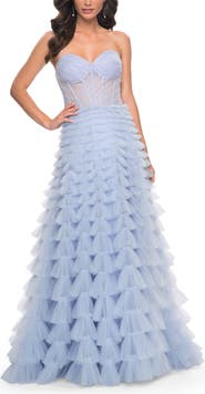 La Femme A-Line Ruffle Tulle Prom Dress with Sweetheart Top