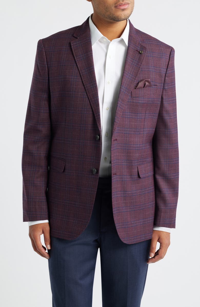 Johnston & Murphy Burgundy Windowpane Plaid Wool Sport Coat, Main, color, Burgundy Plaid