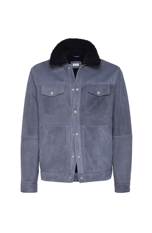 Brunello Cucinelli Shearling-collar Flap-pocket Jacket In Blue