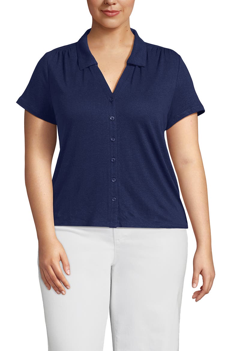 Linen Blend Short Sleeve Button Front Polo Top, Alternate, color, Deep Sea Navy