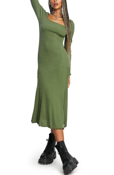 Square Neck Long Sleeve Rib Midi Dress