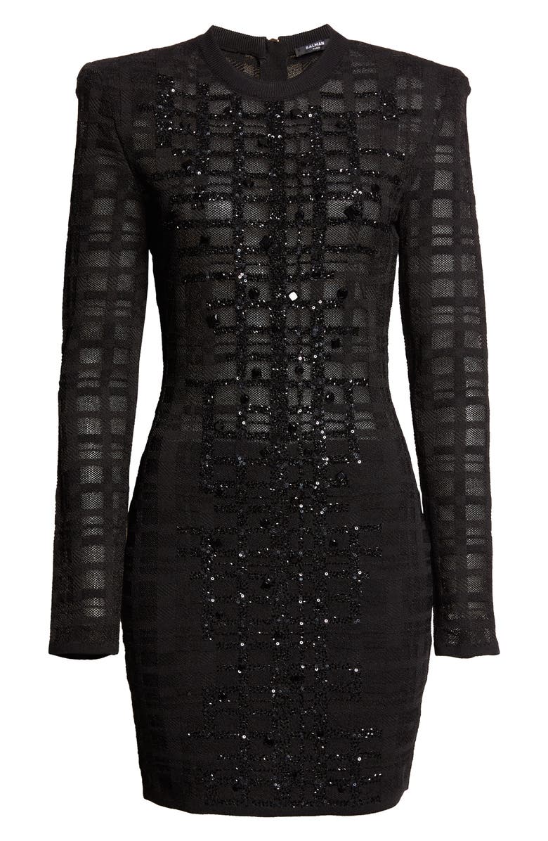 Balmain Tartan Tattoo Embellished Long Sleeve Minidress, Alternate, color, 0Pa Black