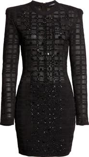Balmain Tartan Tattoo Embellished Long Sleeve Minidress