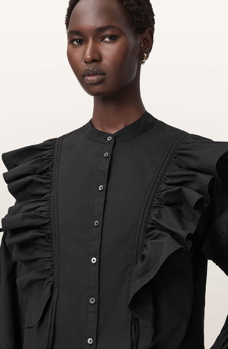 AllSaints Lulu Ruffle Ruched Cotton Button-Up Shirt, Alternate, color, Black