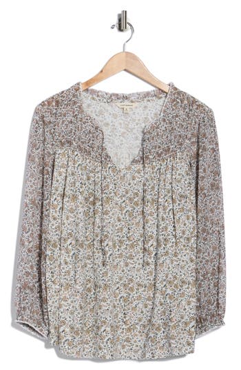 Lucky Brand Split Neck Smocked Long Sleeve Top In Gray