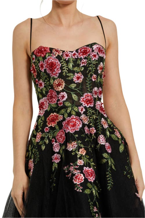 Mac Duggal Slim Strap Sheer Bustier Embroidered Dress