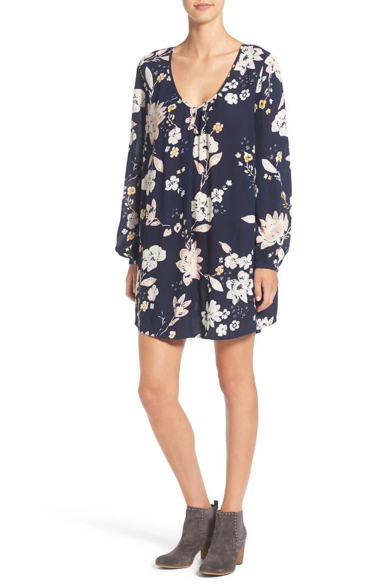 'Sweet Sands' Print Long Sleeve Shift Dress, Main, color, BLUE TIDE