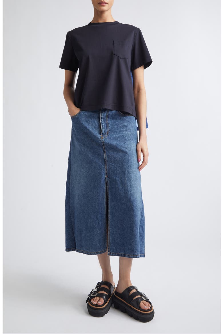 Mixed Media Pleated Poplin & Jersey Pocket T-Shirt, Alternate, color, NAVY/ BLUE STRIPE