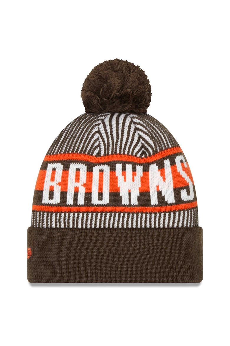 Men's New Era Brown Cleveland Browns Striped Cuffed Knit Hat with Pom, Alternate, color, Brown
