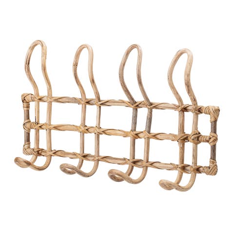 Beige Rattan Wall Hanger with 4 Hooks
