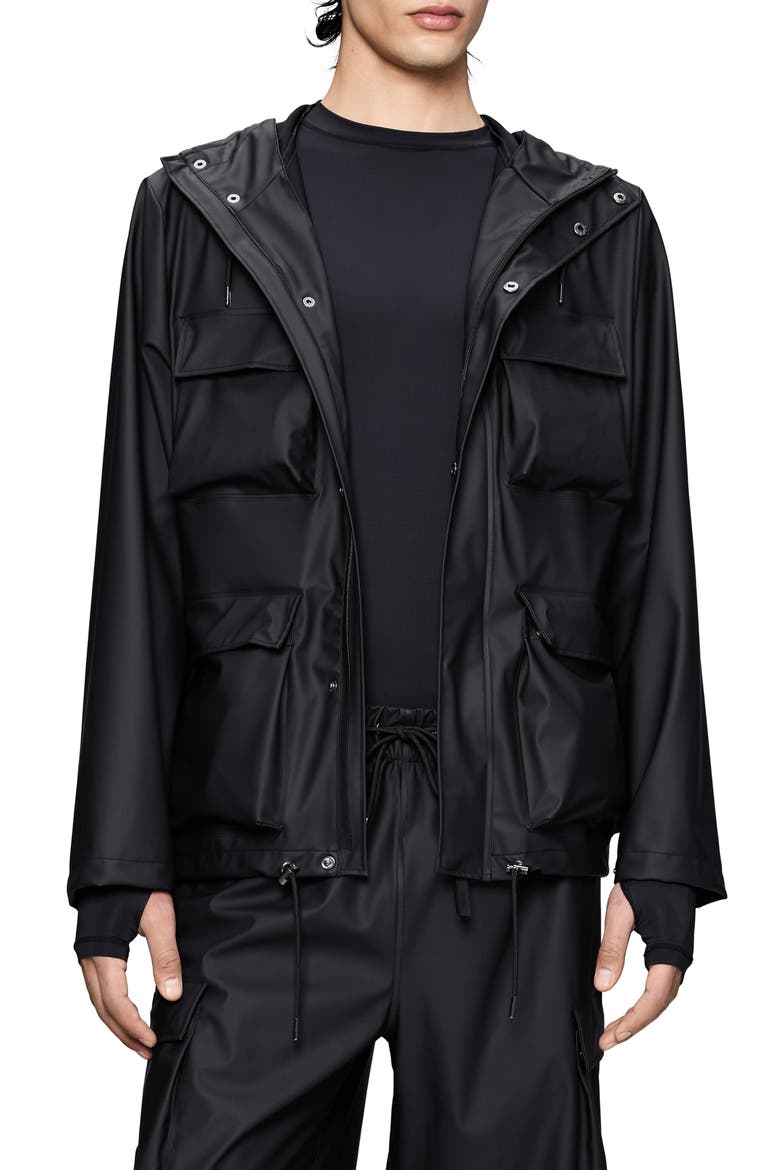 Waterproof Cargo Hooded Rain Jacket, Main, color, BLACK