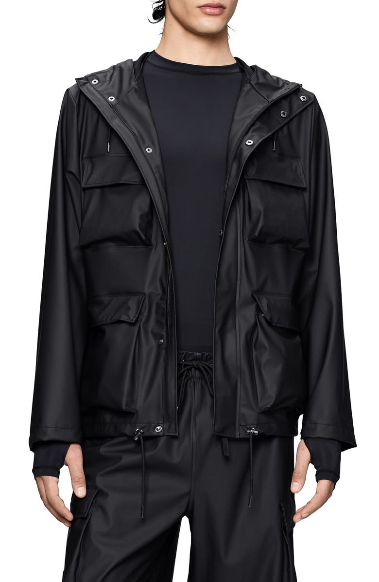 Rains Waterproof Cargo Hooded Rain Jacket, Main, color, Black