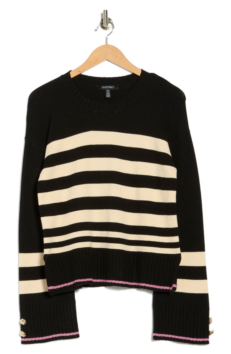 Ellen Tracy Stripe Crewneck Sweater, Alternate, color, Black/ Natural Stripe