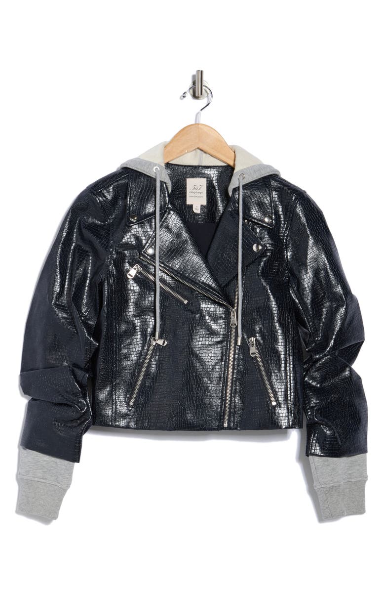 Cinq à Sept Evie Snakeprint Embossed Mixed Media Faux Leather Moto Jacket, Alternate, color, Navy/ Heather Grey