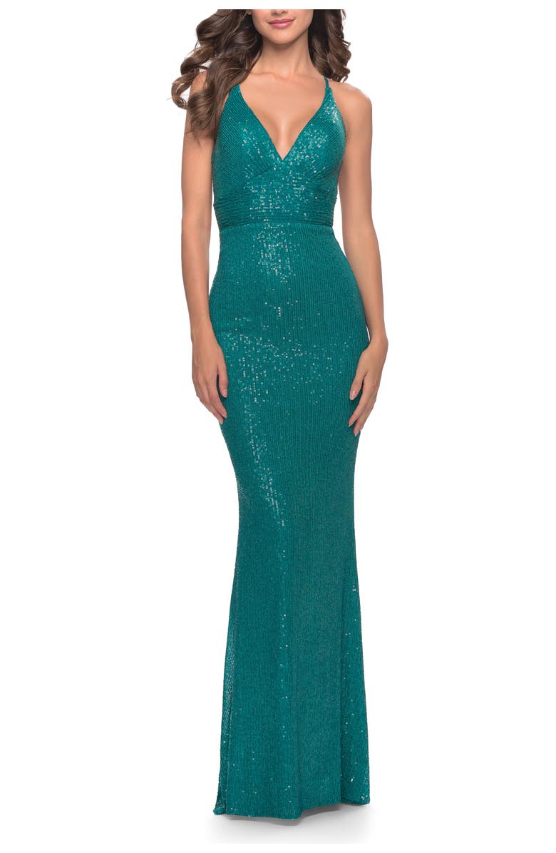 La Femme Simple Line Sequin Dress with Lace Up Back, Main, color, Peacock