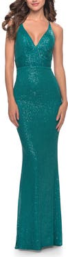 La Femme Simple Line Sequin Dress with Lace Up Back