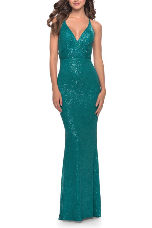 La Femme Dazzling Plunging V-neck Sequined Gown In Peacock