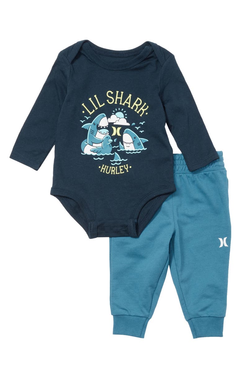 Hurley Lil' Shark Bodysuit & Joggers Set, Main, color, A21armory