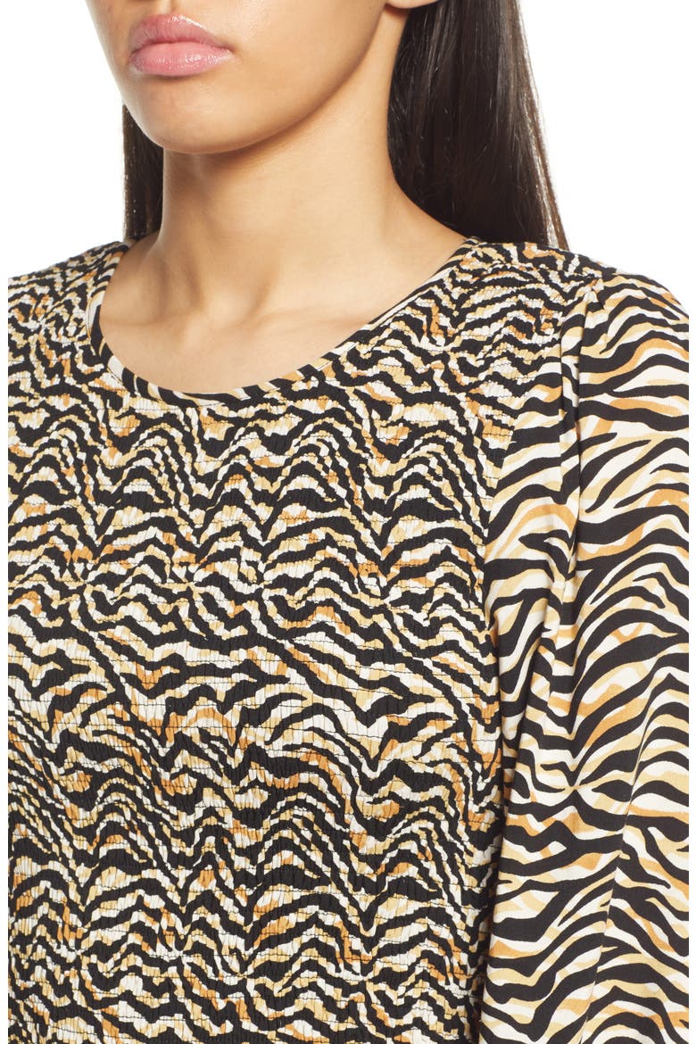Vineyards in the Valley Zebra Print Shirred Long Sleeve Midi Dress, Alternate, color, BLACK GOLD ZEBRA