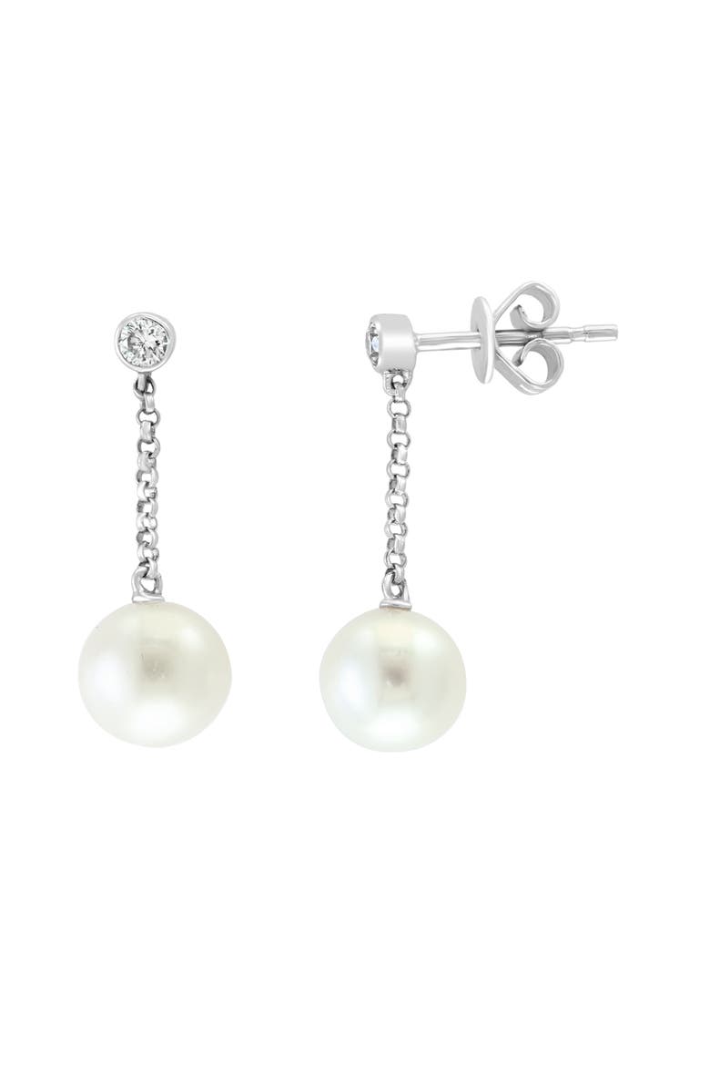 14K White Gold Diamond Freshwater Pearl Drop Earrings, Alternate, color, White