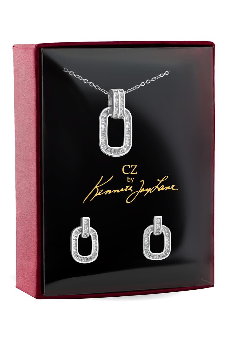 Pavé Link Pendant Necklace & Earrings Set, Alternate, color, RHODIUM PLATED BRASS