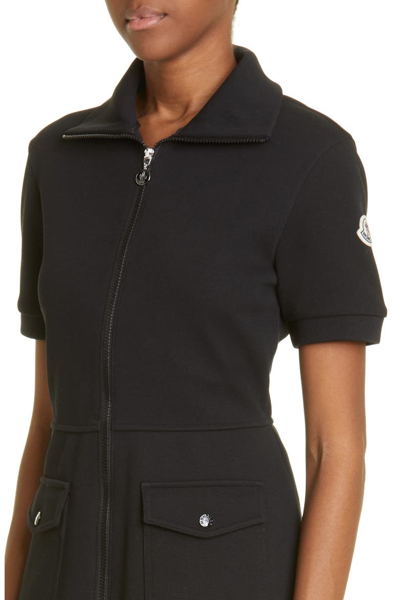 Zip Front Cotton Blend Piqué Dress, Alternate, color, BLACK