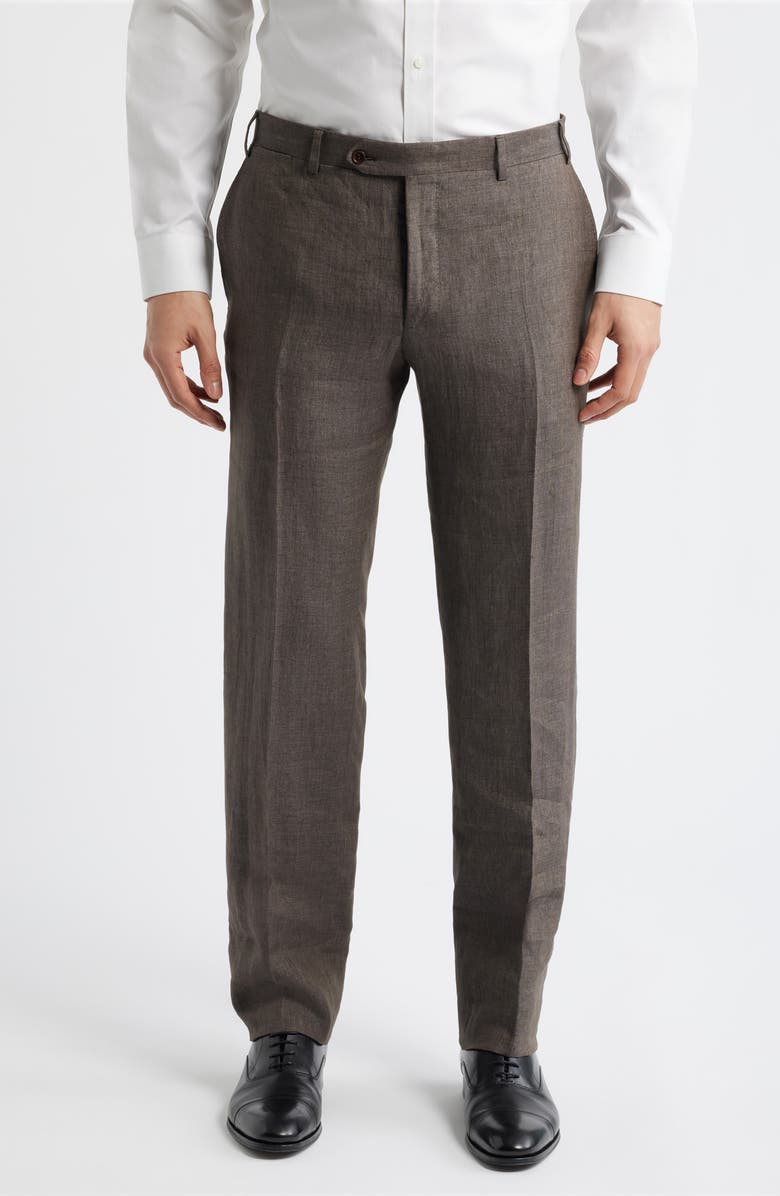 Canali Siena Regular Fit Flat Front Linen Suit Pants, Main, color, Brown