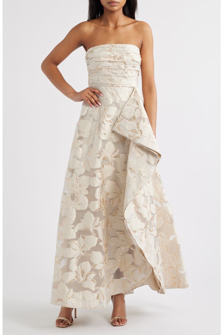 Metallic Floral Jacquard Strapless Gown, Main, color, PEARL