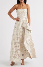 Tahari ASL Metallic Floral Jacquard Strapless Gown