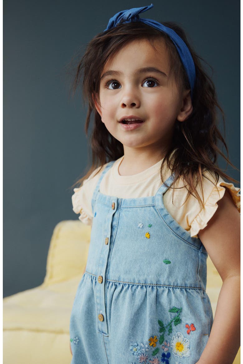 Kids' Embroidered Denim Romper & Frill Shirt Set, Alternate, color, BLUE