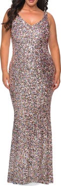 La Femme Floor Length Multi Colored Sequin Plus Size Dress