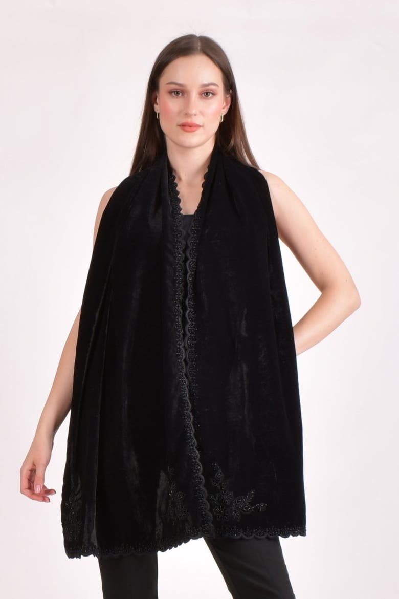 Hand Embroidered Velvet Beaded Scarf, Main, color, Black