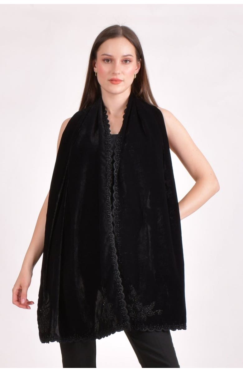 RAAS Hand Embroidered Velvet Beaded Scarf, Main, color, Black