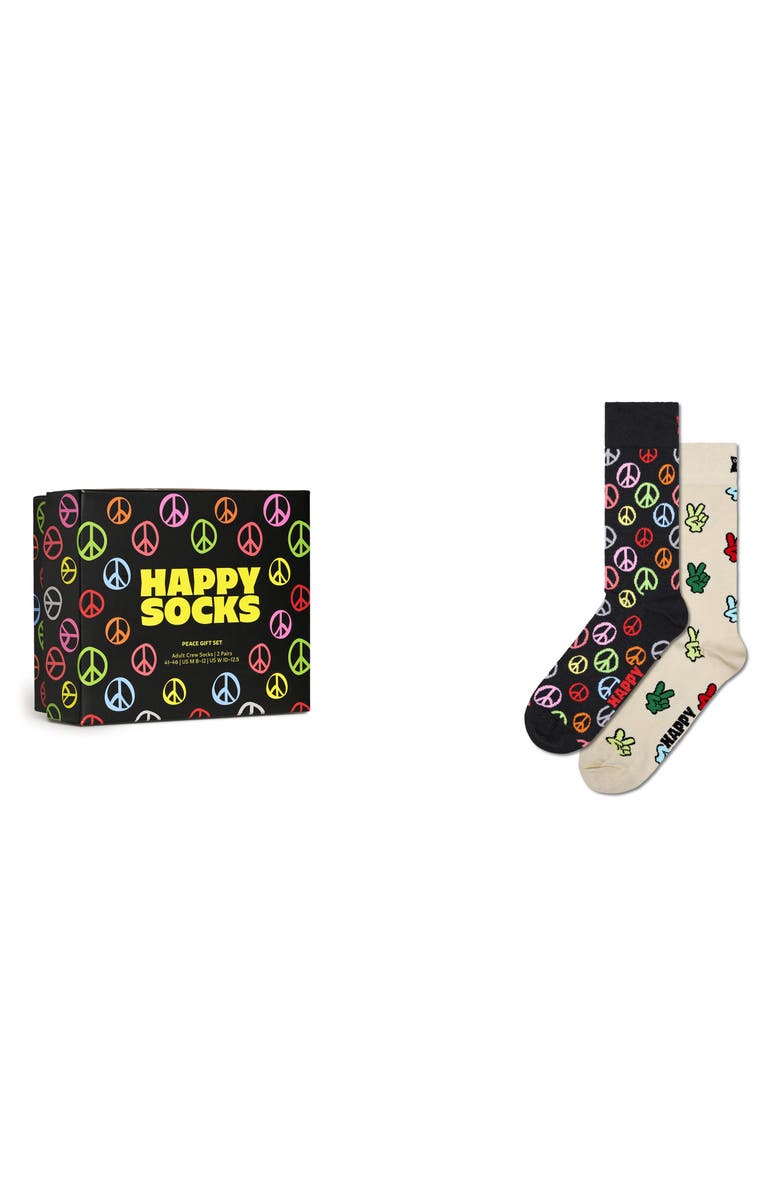 Happy Socks Assorted 2-Pack Peace Crew Socks Gift Box, Alternate, color, Black